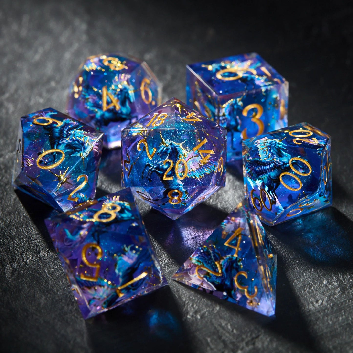 Magical Unicorn Starry Night Dice: - Resin Dnd RPG 7-piece Dice Set