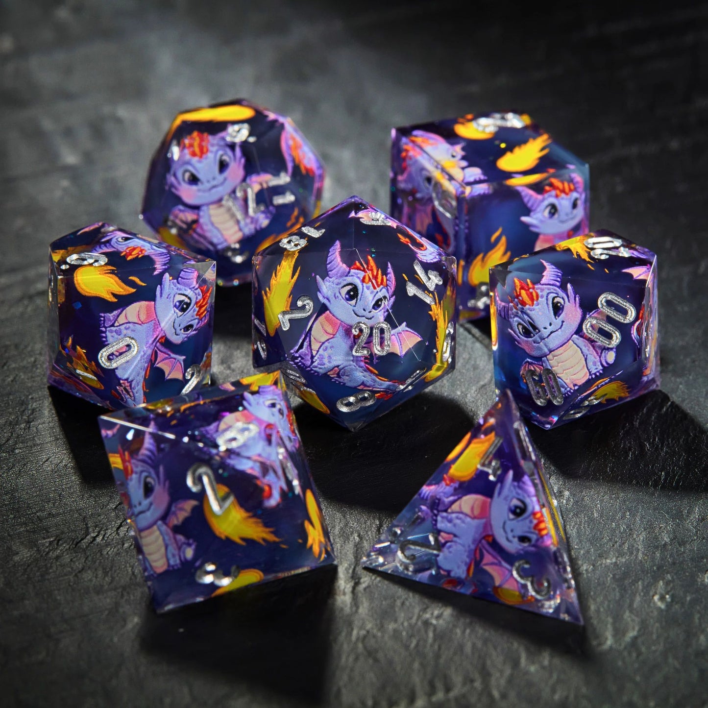 Fire-Breathing Dragon Purple Black Dice - Resin Dnd RPG 7-piece Dice Set