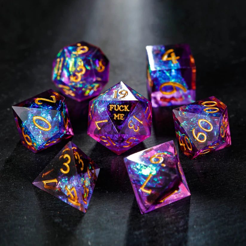 NSFW Purple Glitter Galaxy F Word Resin DnD D&D Dice Set