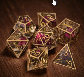 Gold Edged Rose Bud Glitter Resin DnD D&D Dice Set