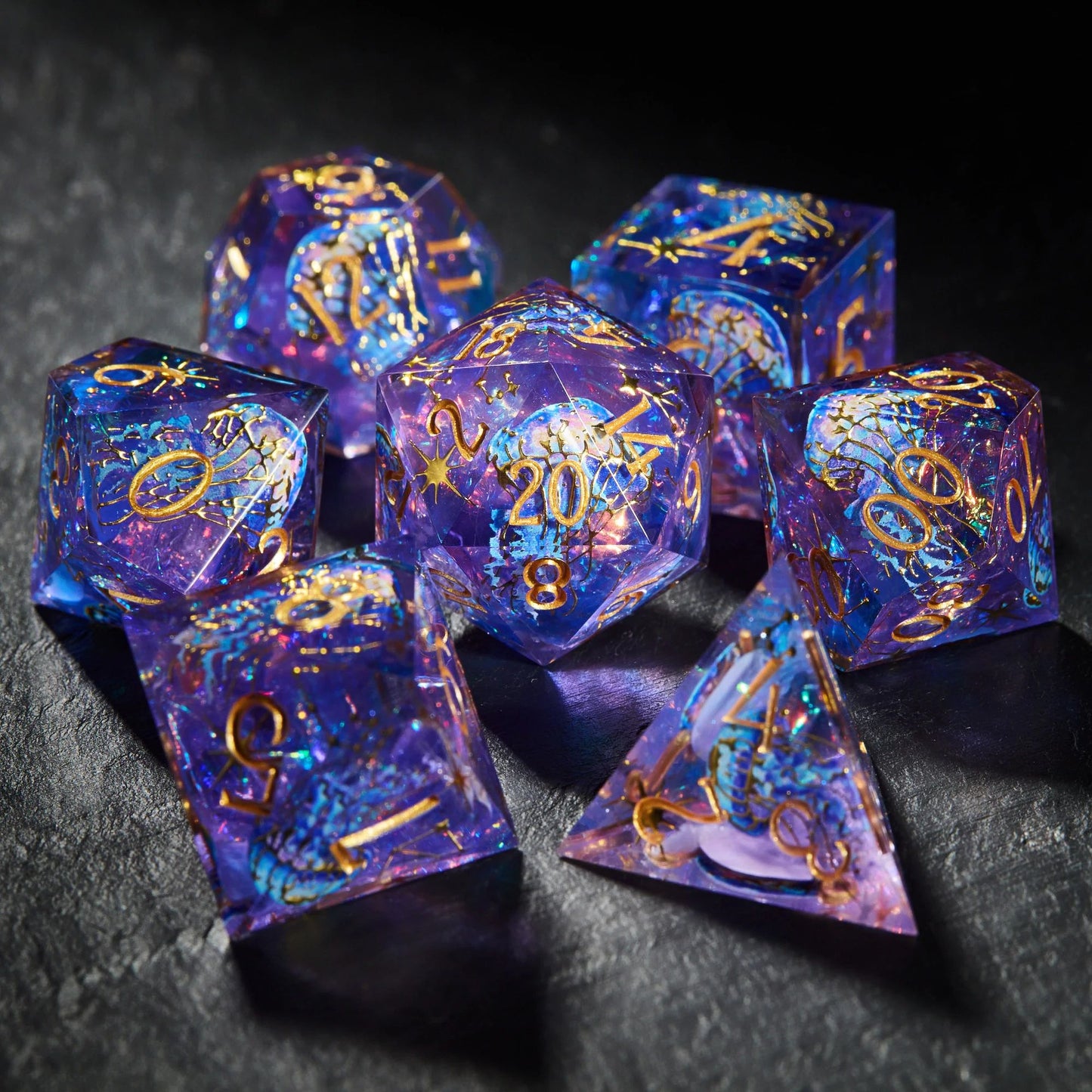 Purple Blue Glitter Jellyfish Dice - Resin 7-piece DND RPG Set