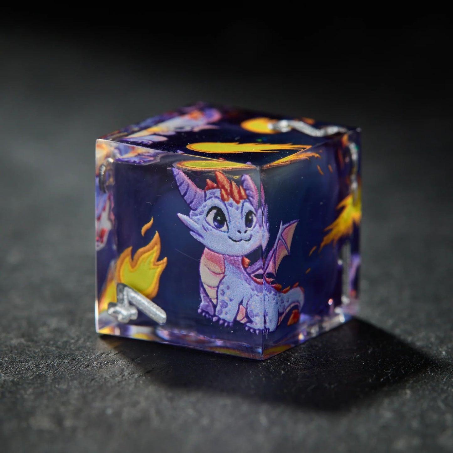 Fire-Breathing Dragon Purple Black Dice - Resin Dnd RPG 7-piece Dice Set