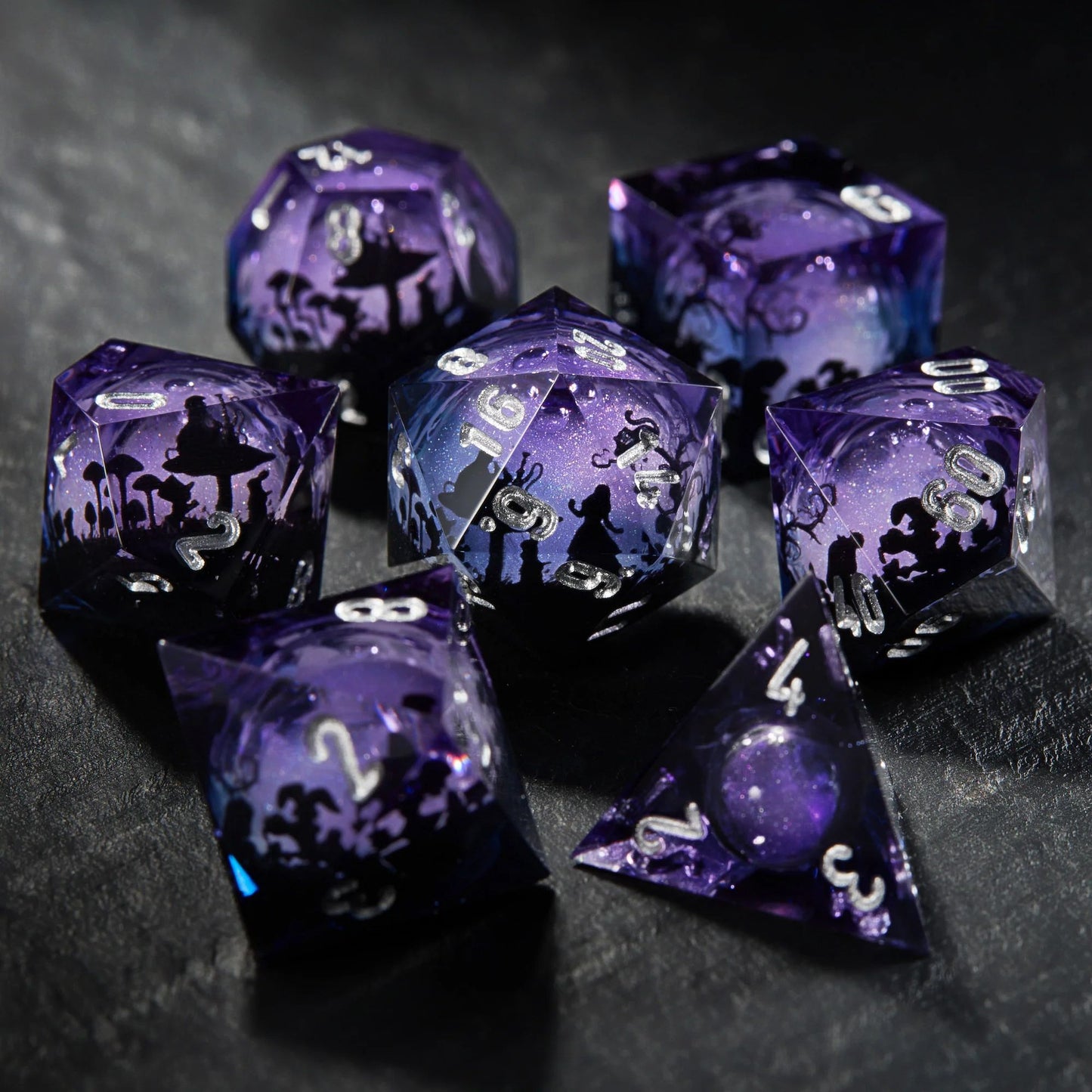 Mystic Wonderland Purple Liquid Core Dice - Resin D&D RPG 7-piece Dice Set