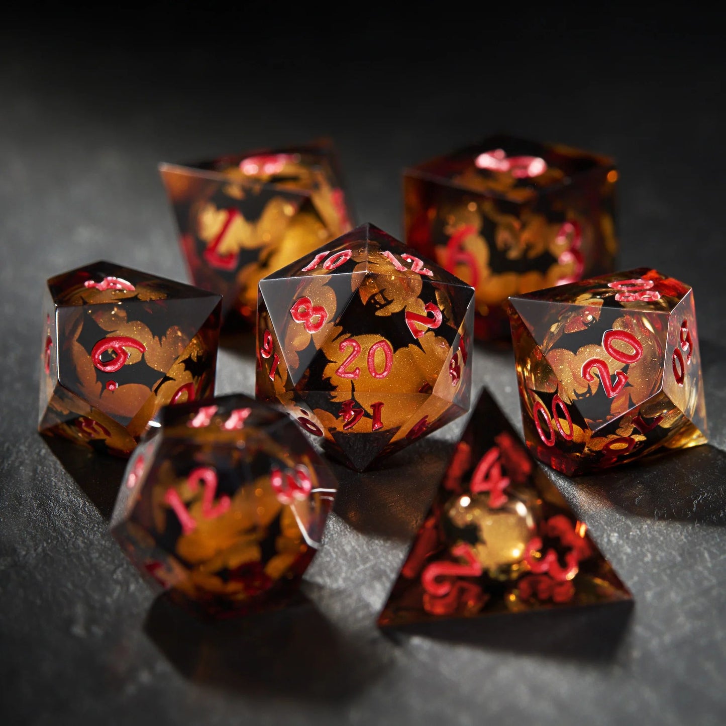 Crimson Night Bat Yellow Sand Liquid Core - Resin DnD RPG 7-piece Dice Set