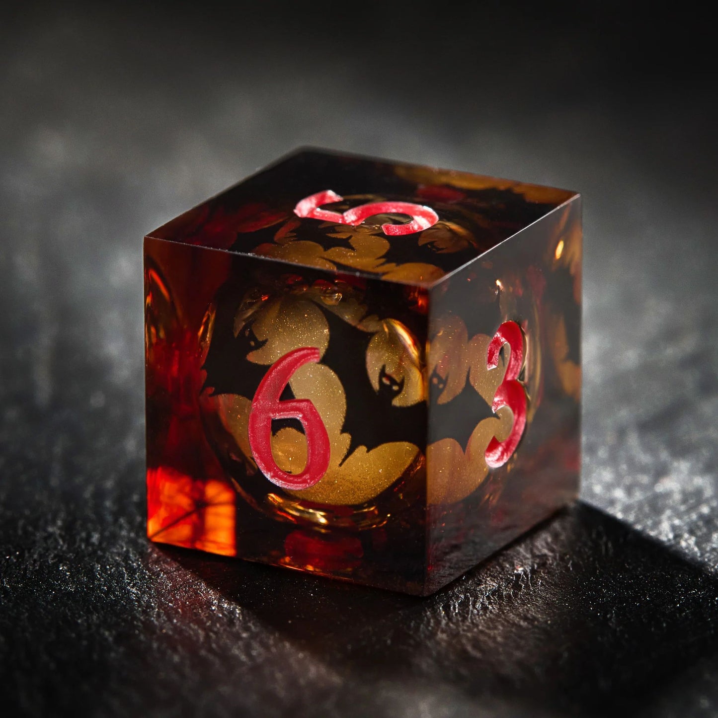 Crimson Night Bat Yellow Sand Liquid Core - Resin DnD RPG 7-piece Dice Set