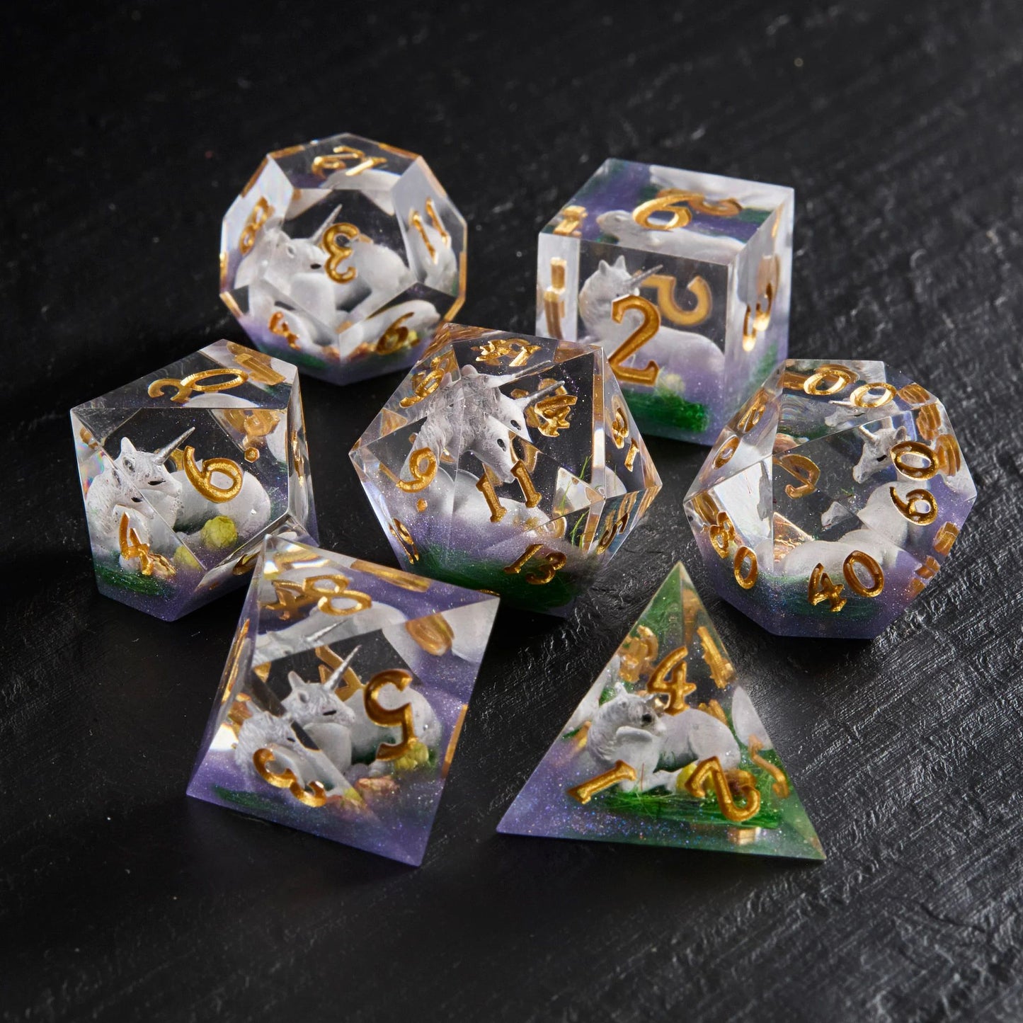 Enchanted Dream Unicorn Dice - Resin D&D RPG 7-piece Dice Set