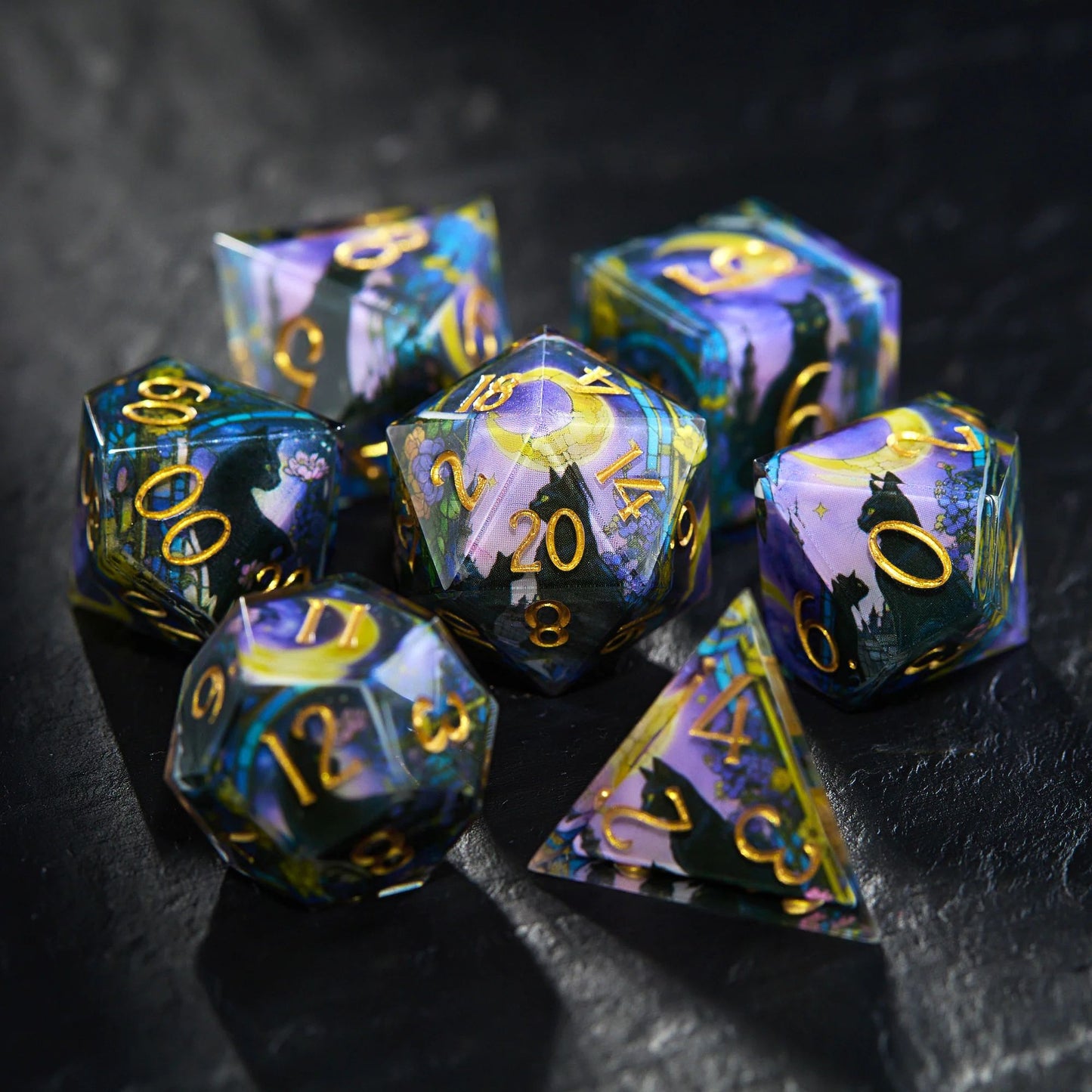 Mystical Black Cat and Moon Dice - Resin Dnd RPG 7-piece Dice Set