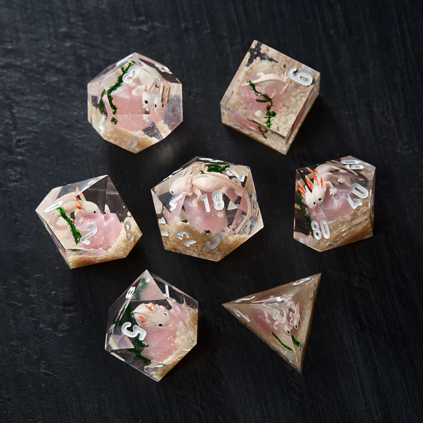 Axolotl Perched on Pink DND Resin Sharp Edge Dice Set