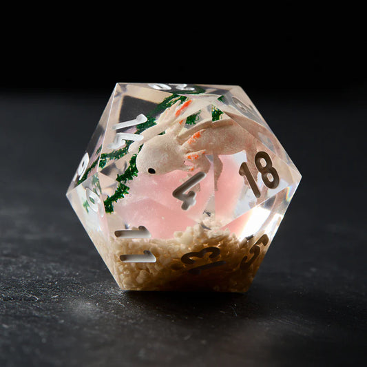 Axolotl Perched on Pink DND Resin Sharp Edge Dice Set