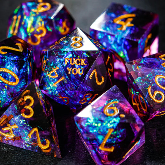 NSFW Purple Glitter Galaxy F Word Resin DnD D&D Dice Set