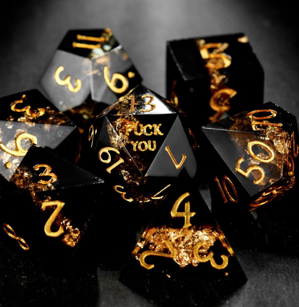 NSFW Black Goldleaf Resin F Word DnD D&D Dice Set
