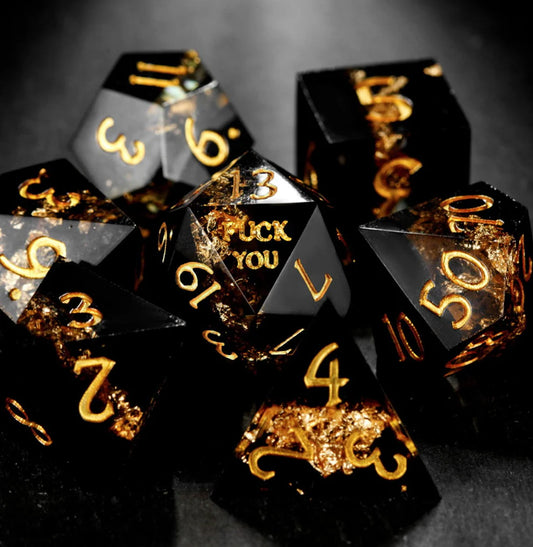 NSFW Black Goldleaf Resin F Word DnD D&D Dice Set