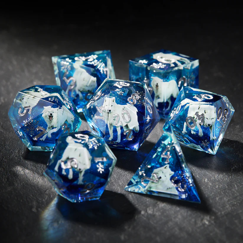 Snow Wolf Blue Liquid Core Resin DnD D&D Dice Set