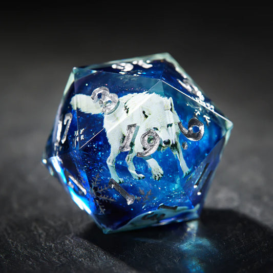 Snow Wolf Blue Liquid Core Resin DnD D&D Dice Set