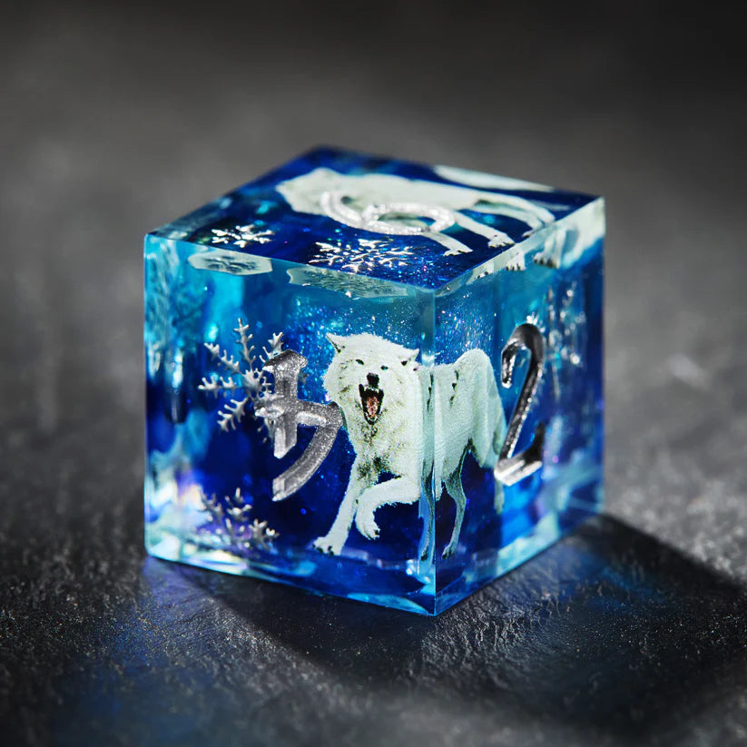 Snow Wolf Blue Liquid Core Resin DnD D&D Dice Set